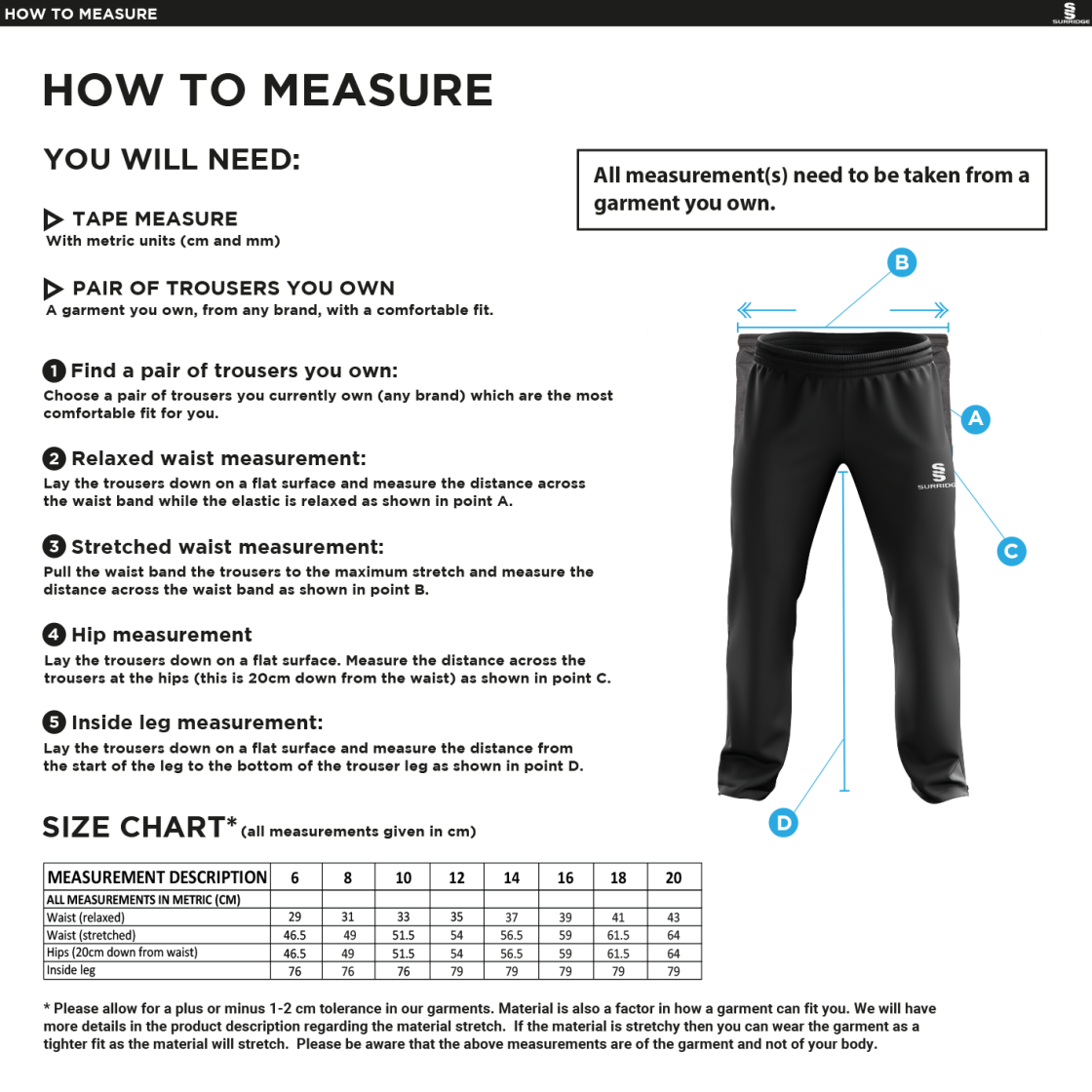 Epsom CC - Women's Ripstop Tracksuit Pants - Size Guide