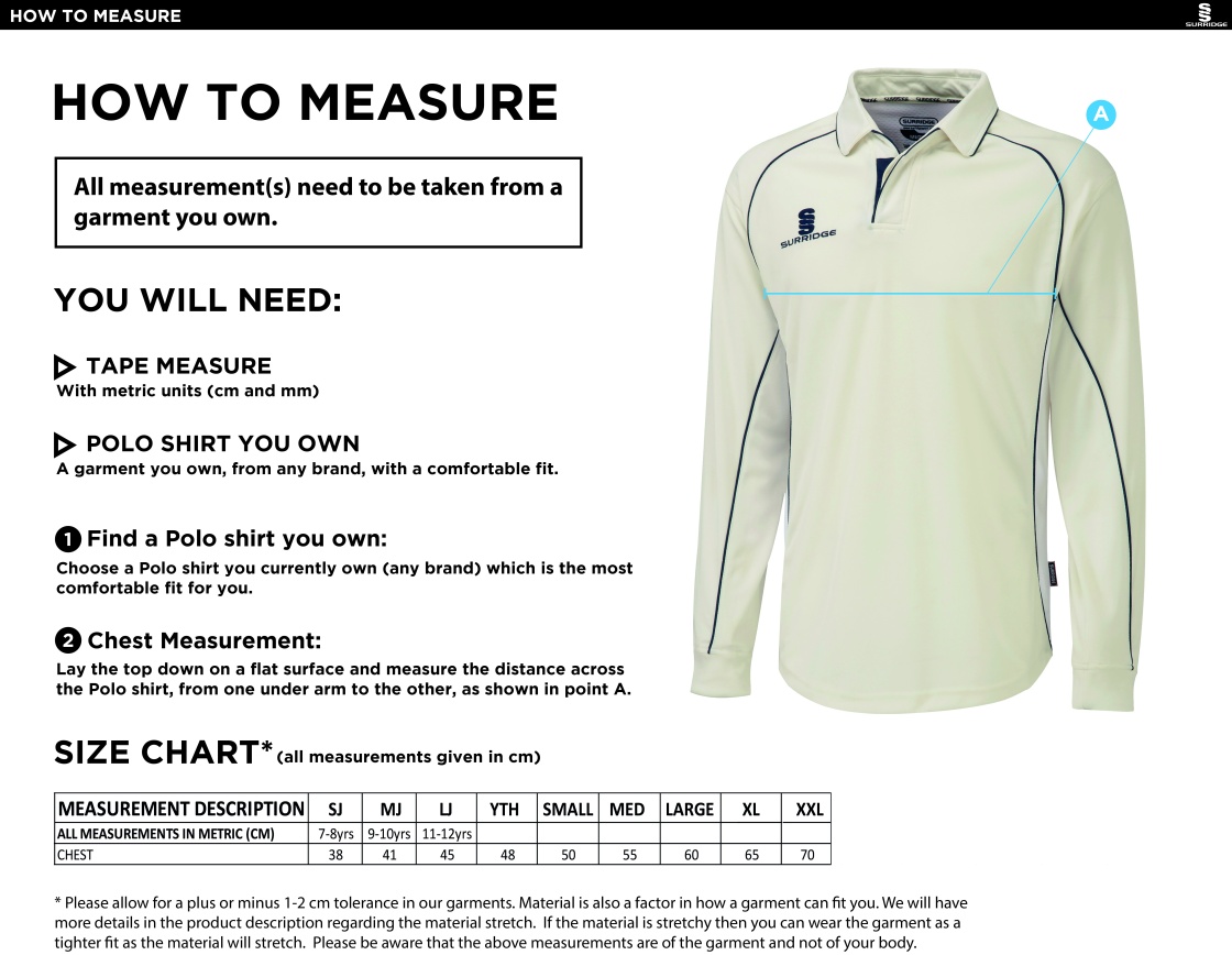 Epsom CC - Long Sleeved Shirt - Size Guide