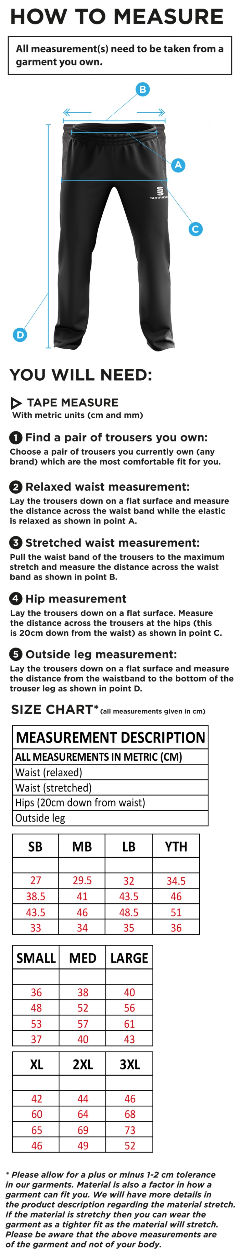 Epsom CC - Ripstop Tracksuit Pants - Size Guide