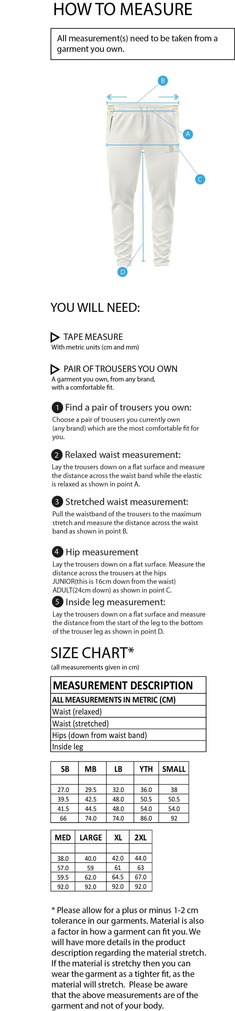 Epsom CC - Blade Playing Pants - Size Guide