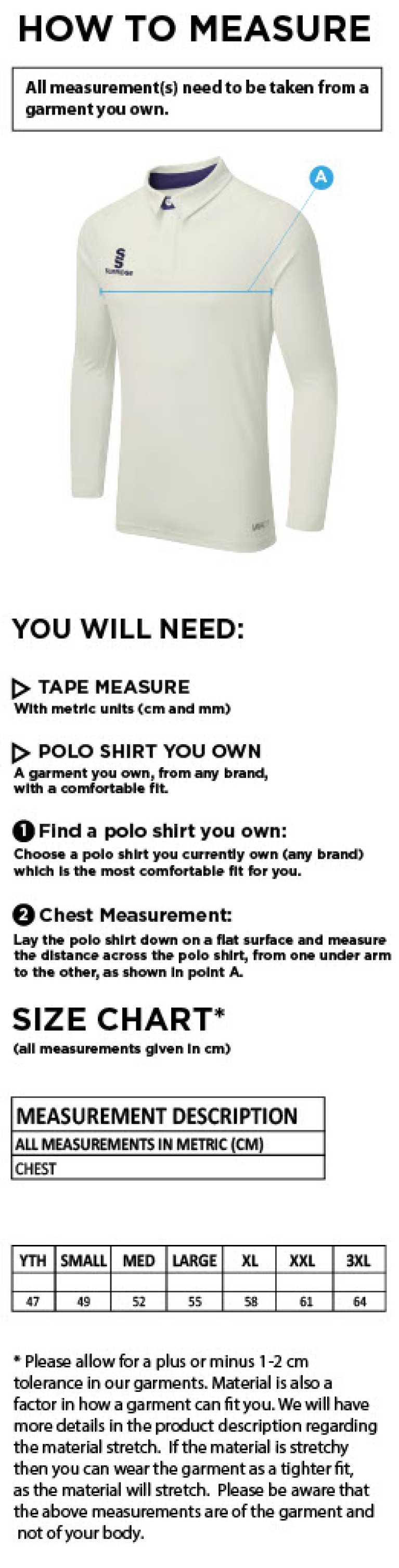 Epsom CC - Ergo Long Sleeved Shirt - Size Guide