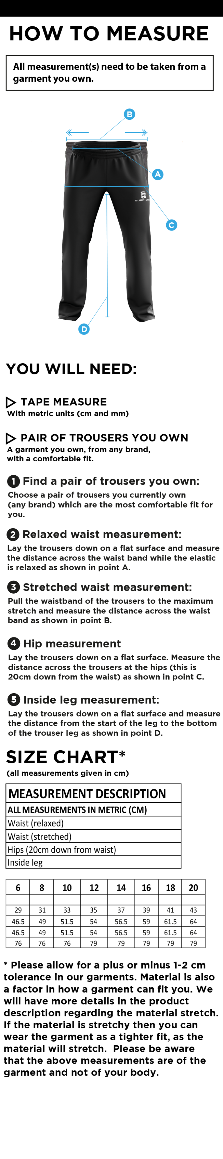 Epsom CC - Women's Ripstop Tracksuit Pants - Size Guide