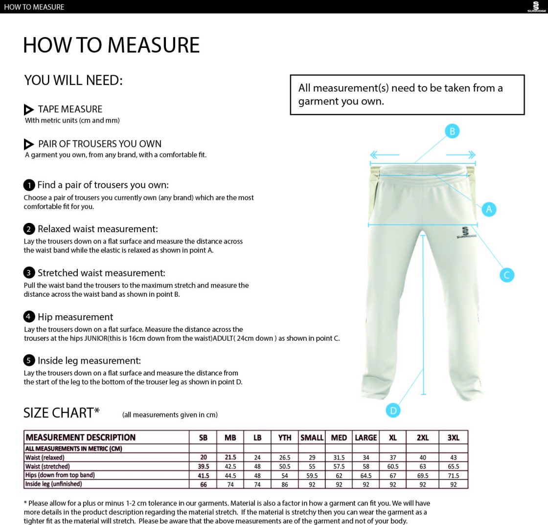 Epsom CC - Cricket Pants - Size Guide