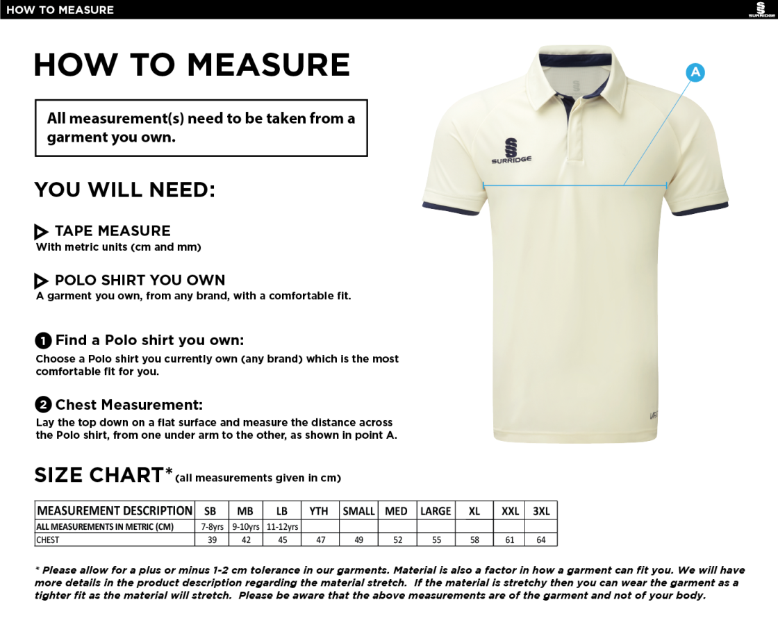 Epsom CC - Ergo Short Sleeved Shirt - Size Guide