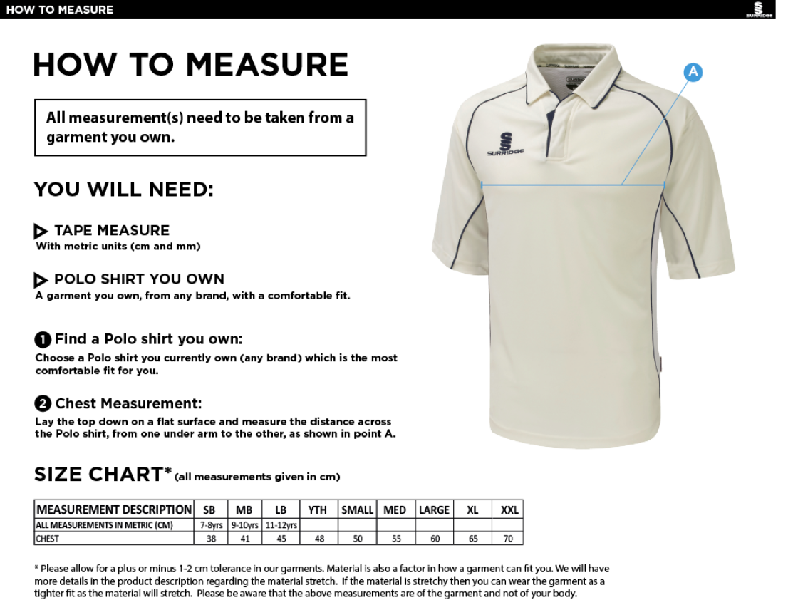 Epsom CC - 3/4 Sleeved Shirt - Size Guide