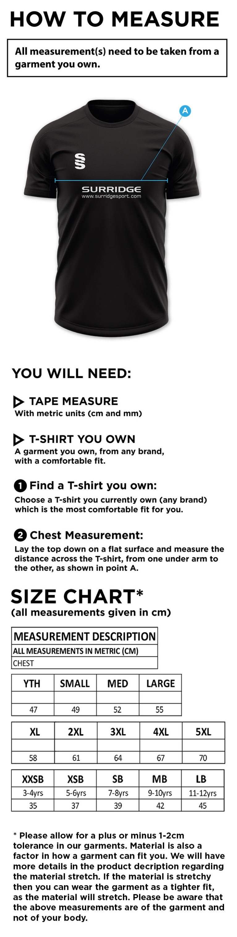 Epsom CC - Dual Games Shirt - Size Guide