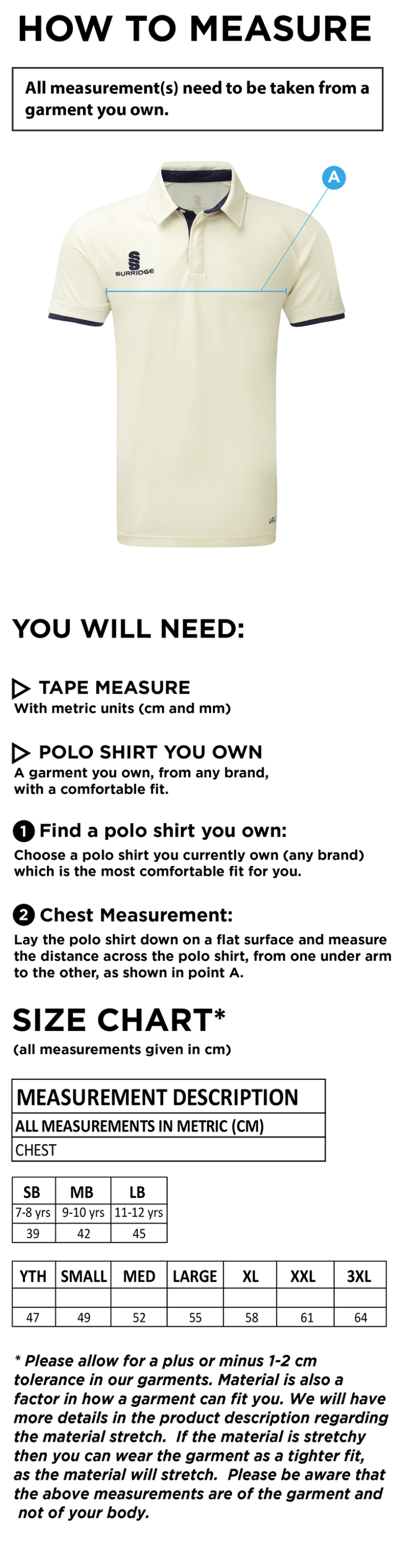 Epsom CC - Ergo Short Sleeved Shirt - Size Guide