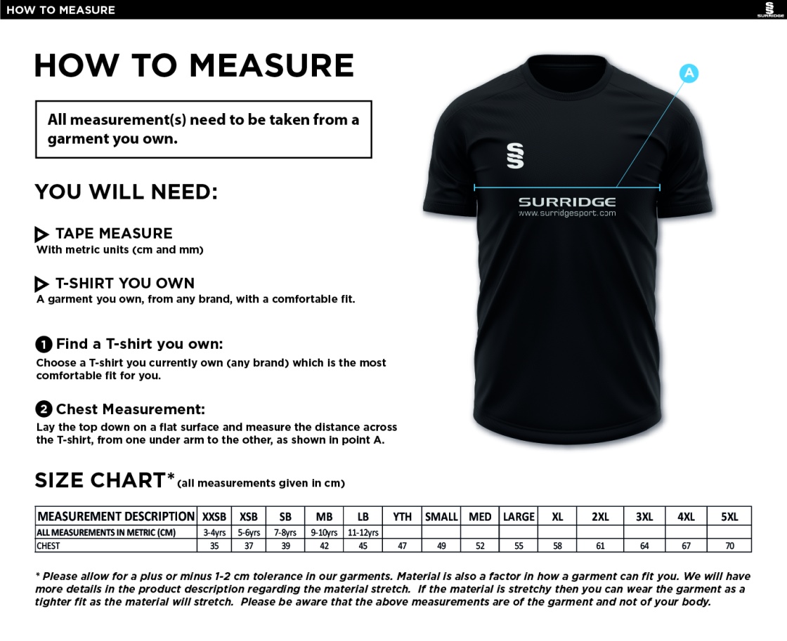 Epsom CC - Blade Training Shirt - Size Guide