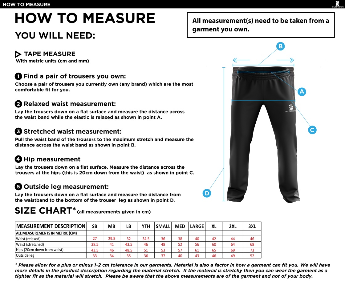 Epsom CC - Ripstop Tracksuit Pants - Size Guide