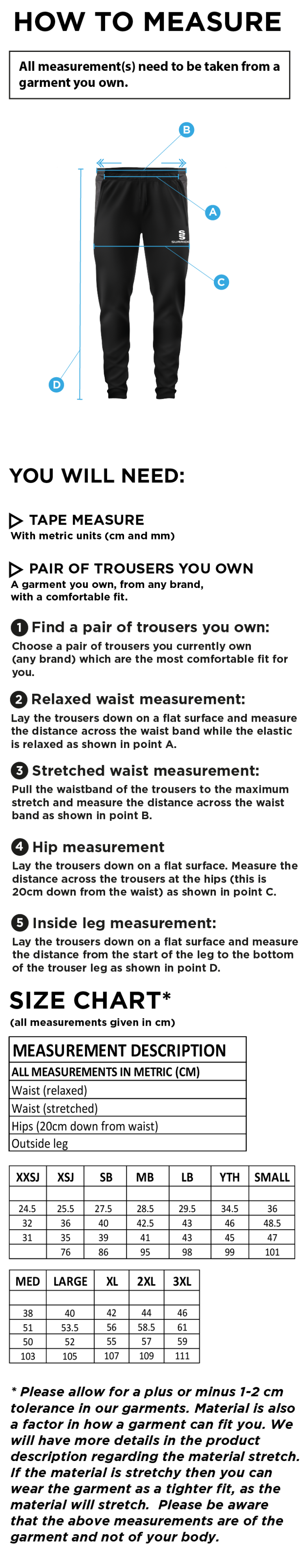 Epsom CC - Tek Pants - Size Guide