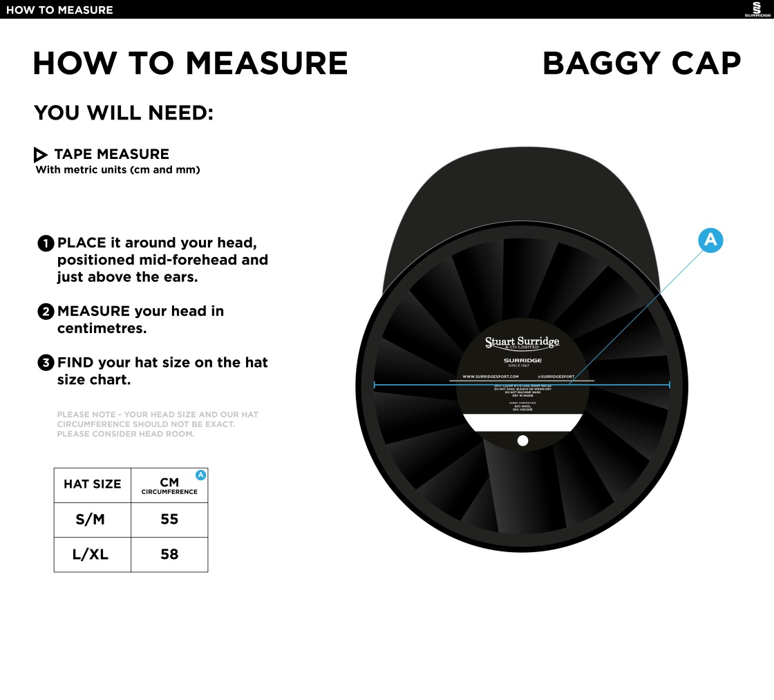 Epsom CC - Baggy Cricket Cap - Size Guide