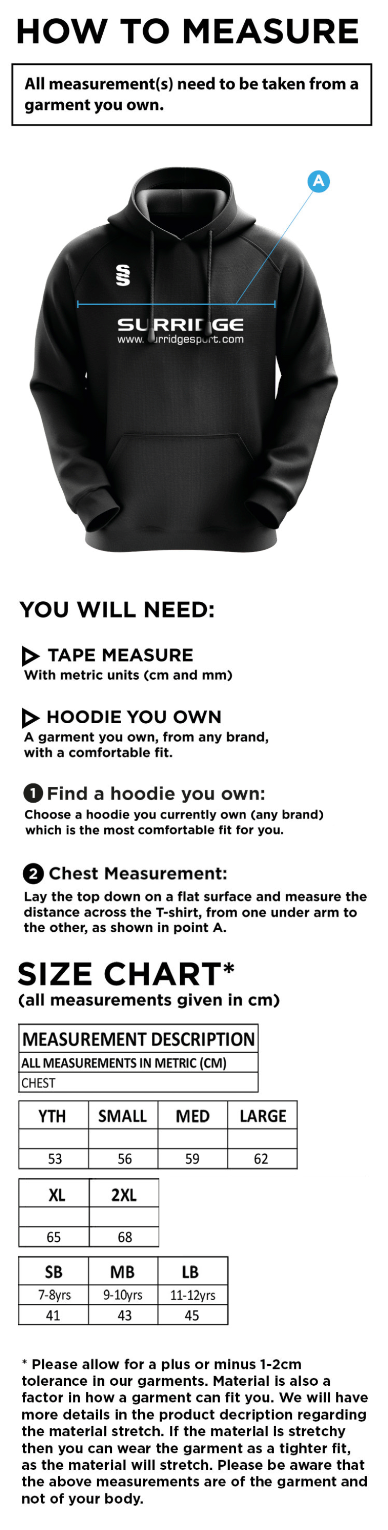 Epsom CC - Blade Hoody - Size Guide